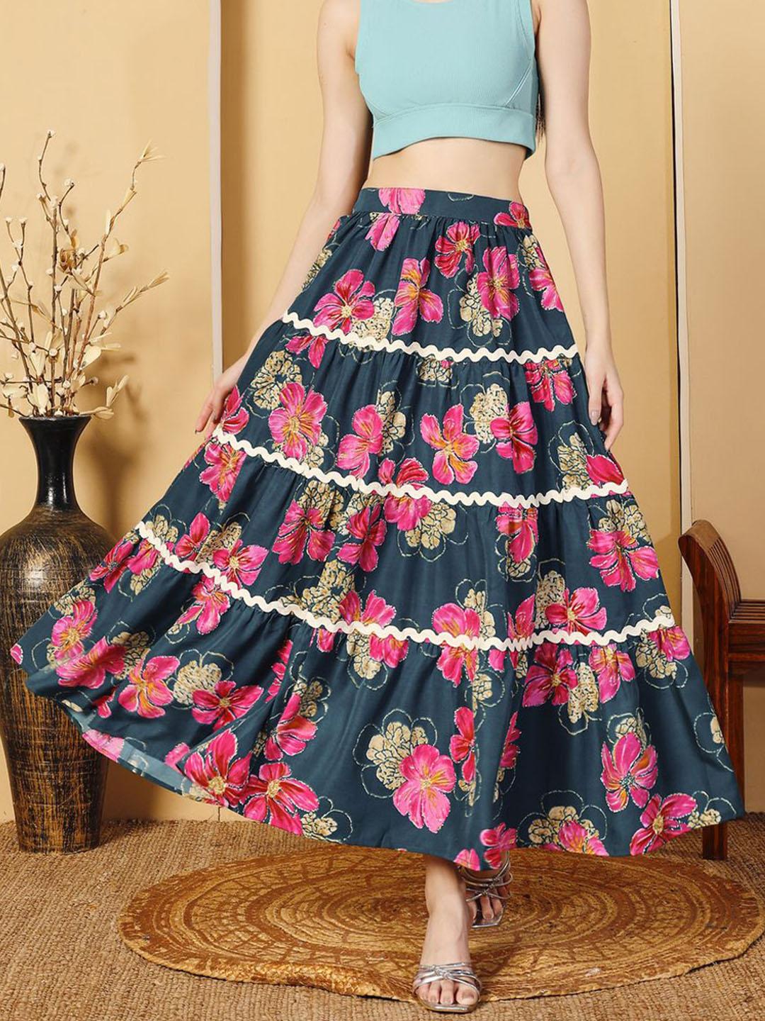 Buy OTABU Floral Printed Lace Frills Bows & Ruffles A-Line Mid