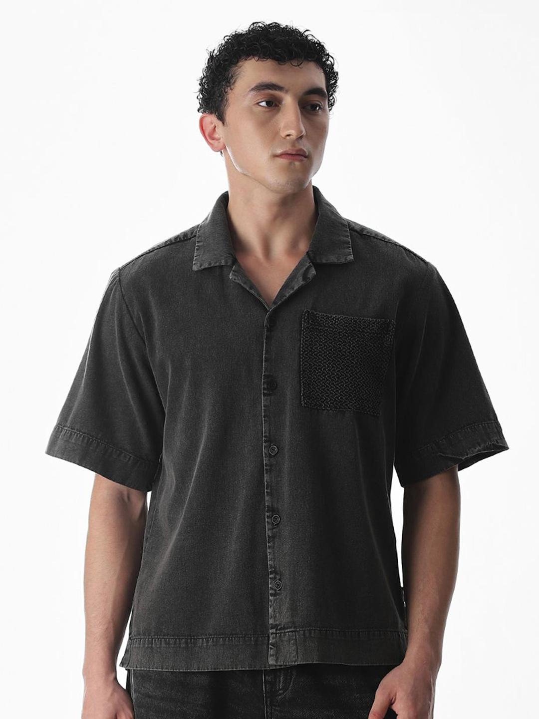 Jack & Jones Men Solid Cuban Collar Cotton Shirt