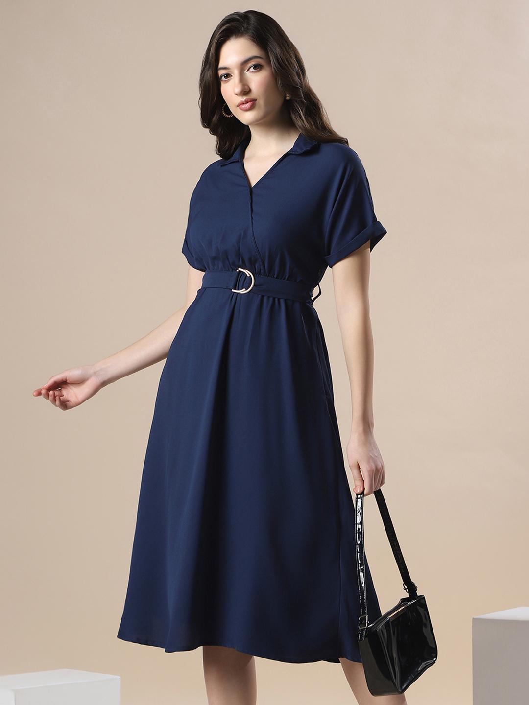 Globus Women Navy Shirt Collar Crepe V-Neck Belted Midi Dress - Image 1