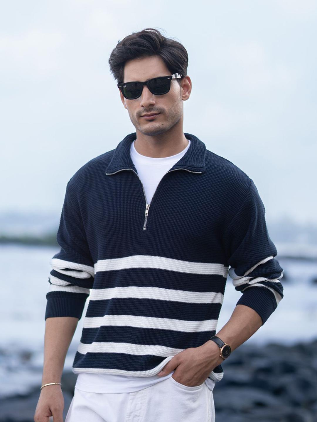 Buy Powerlook Men Striped Shirt Collar Half Zipper Pullover Buy Powerlook Men Striped Shirt Collar Half Zipper Pullover