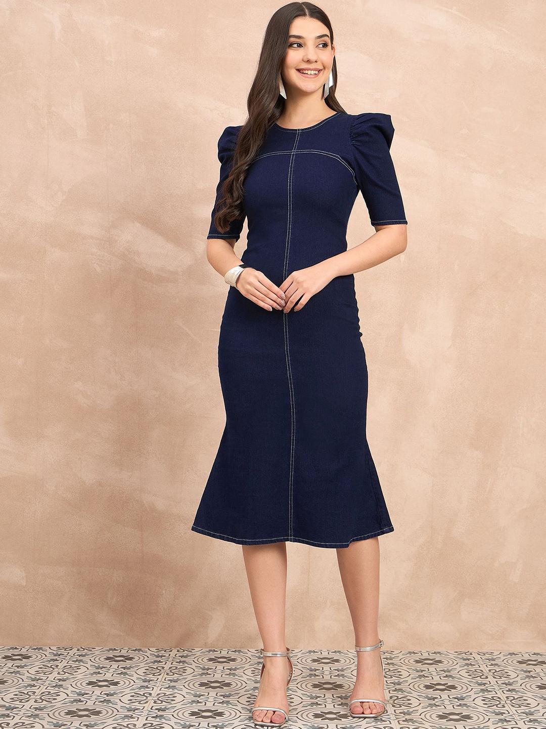 all about you Puff Sleeve Denim Sheath Dress