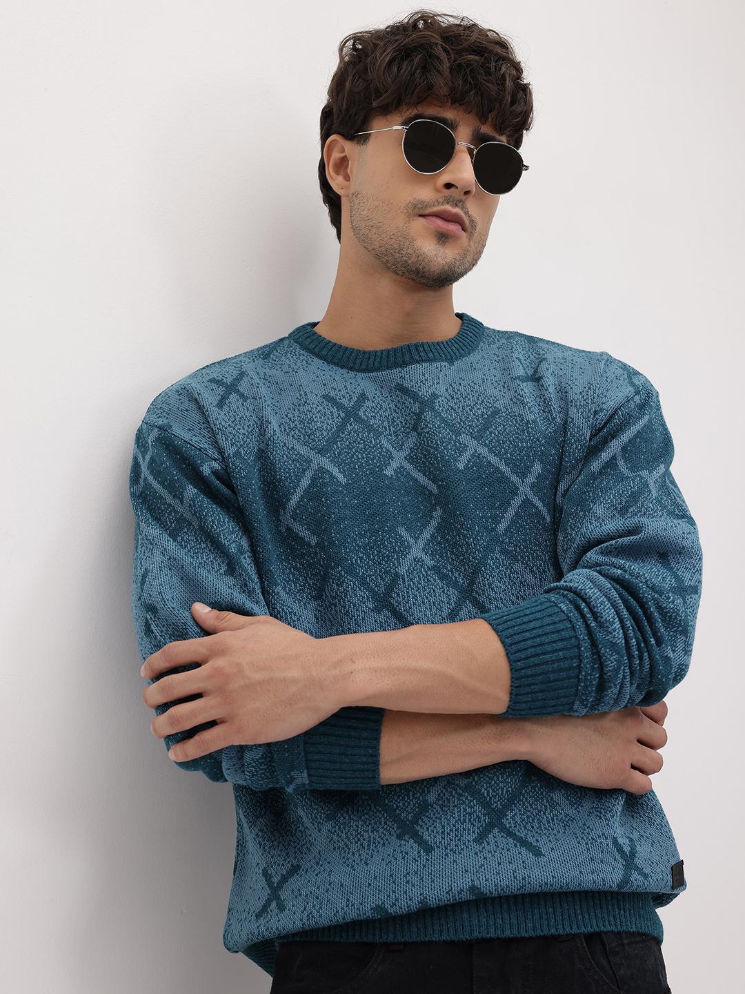 Roadster Geometric Self Design Round Neck Pullover - Image 1