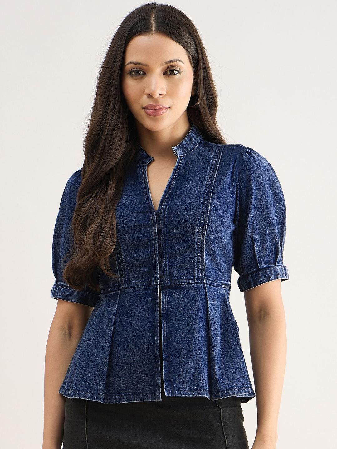 Buy Orchid Blues Mandarin Collar Puff Sleeve Cotton Denim Peplum