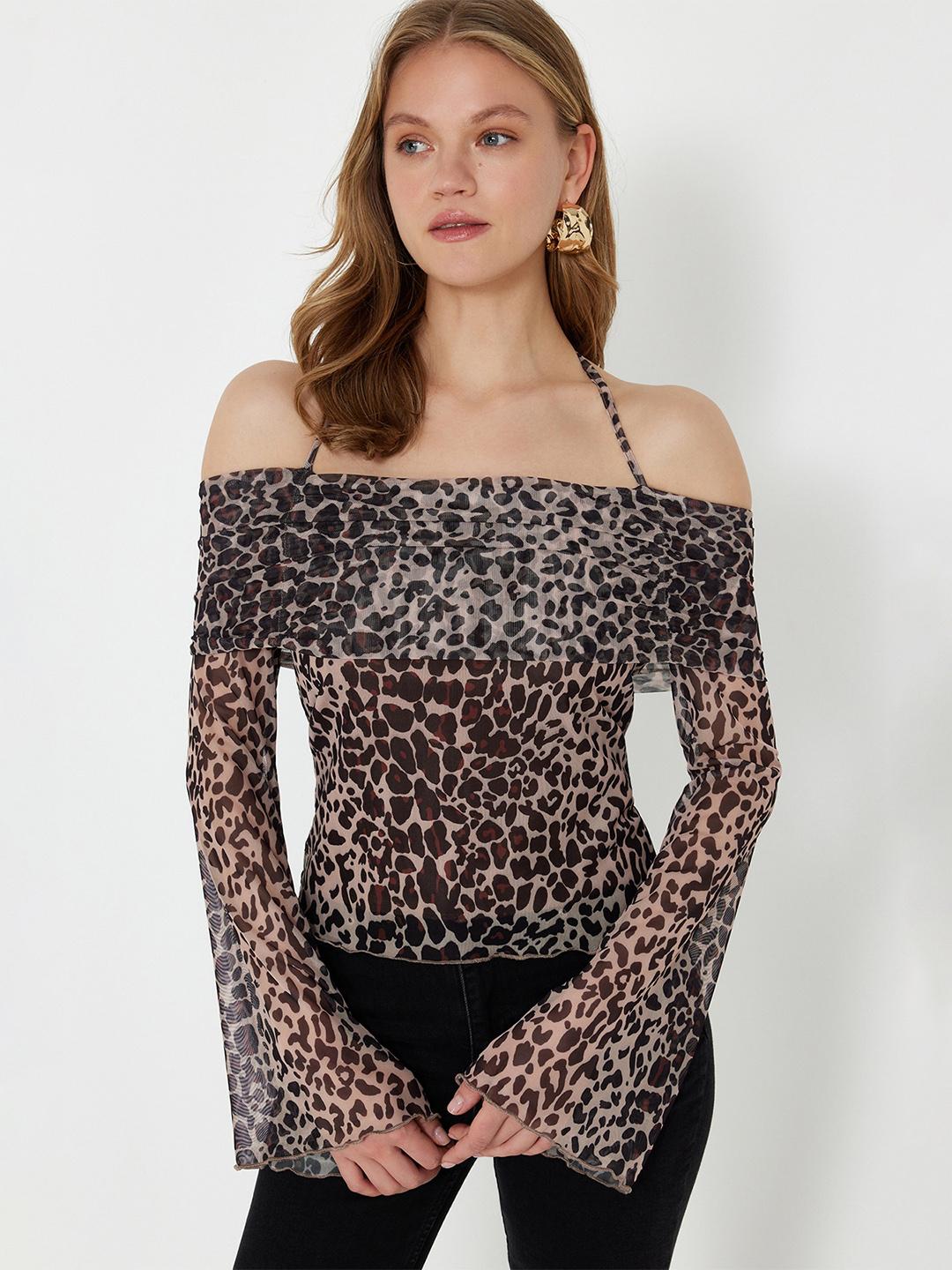 Buy Trendyol Animal Print Off-Shoulder Bell Sleeve Bardot Top