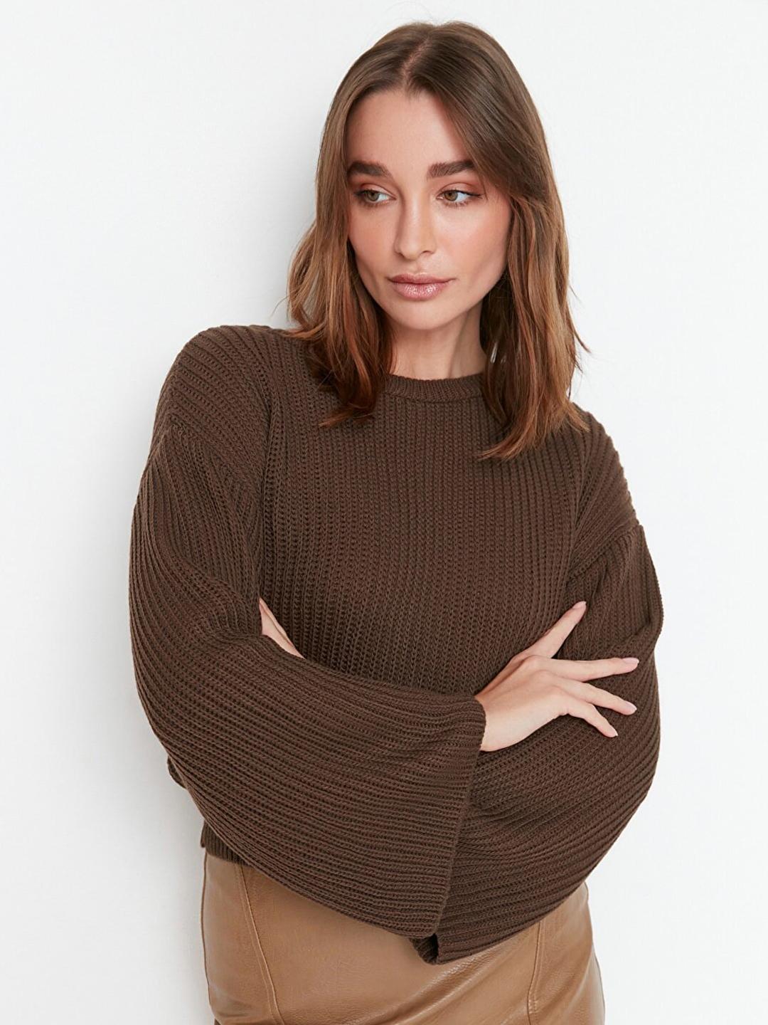 Buy Trendyol Women Brown Ribbed Acrylic Pullover - Sweaters for