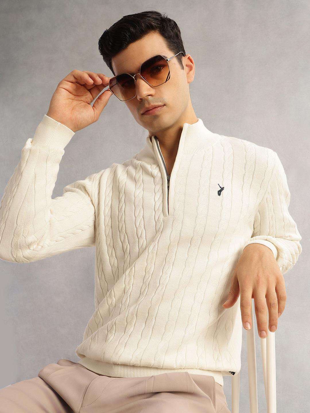 Thomas Scott Men Pure Cotton Embroidered Cable Knit Pullover Sweater