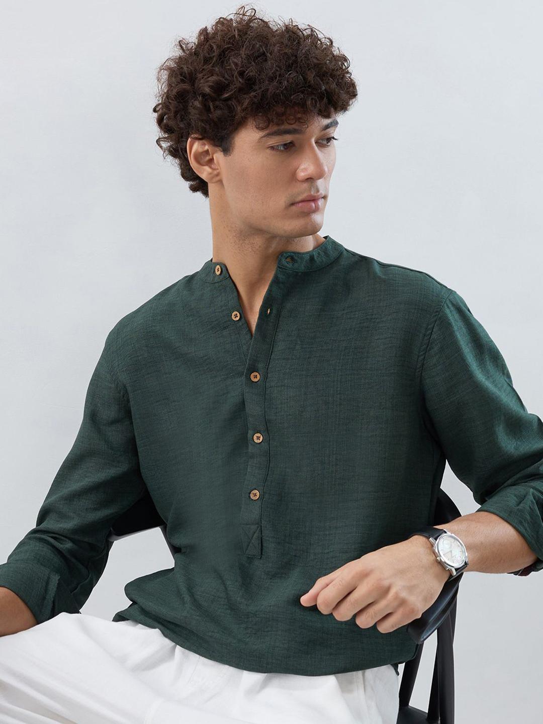HERE&NOW Band Collar Roll-Up Sleeves Straight Kurta - Image 1