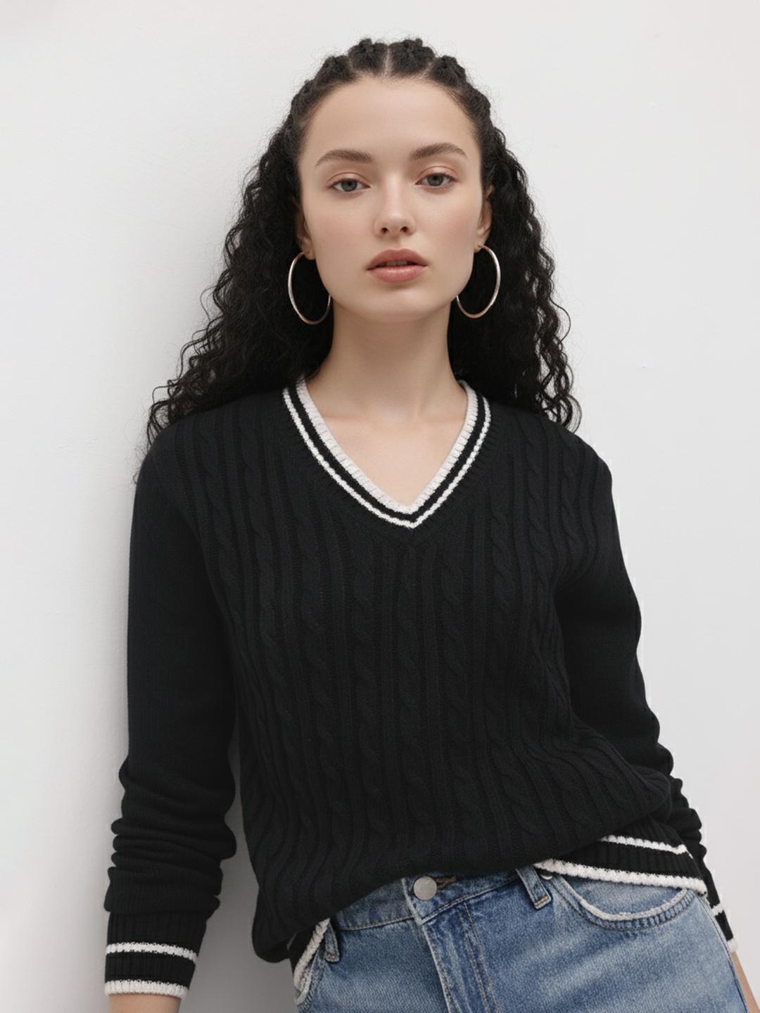 IFUROL Women's V-Neck Stripe Sweater - Long Sleeve, Color Block Knit Top, Black, Medium