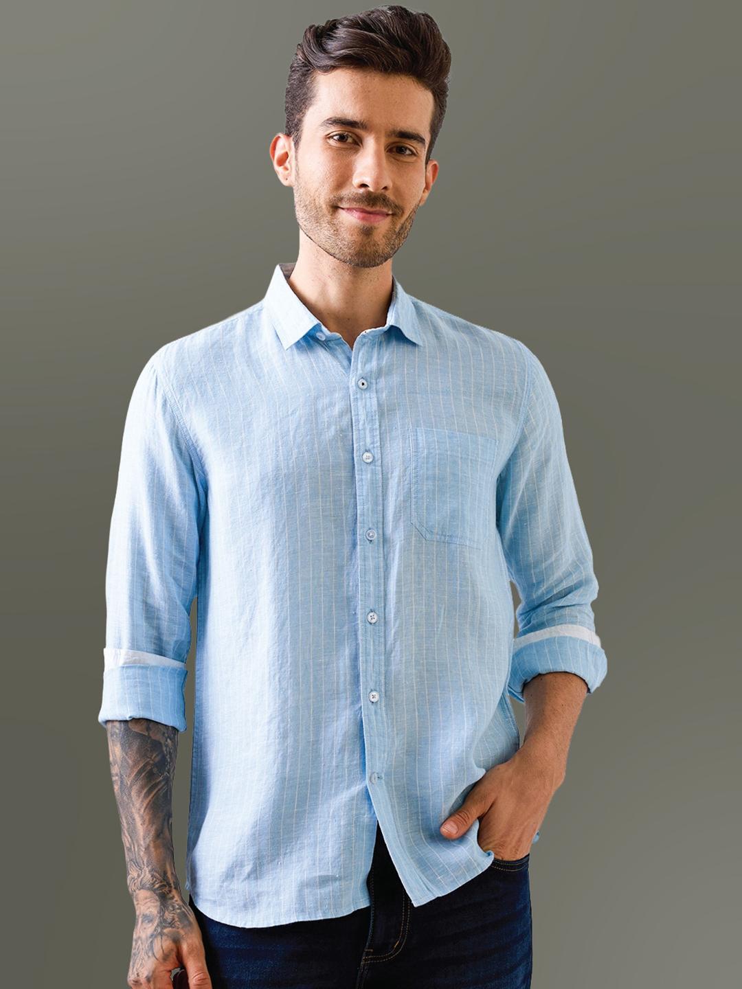 Buy Indiqlo Men Premium Fit Vertical Striped Spread Collar Linen