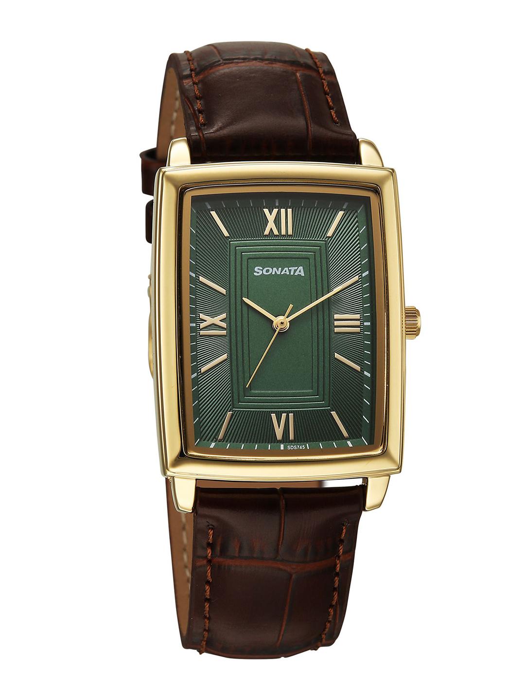Sonata Men Square Dial Leather Strap Watch 77199YL01 - Image 1