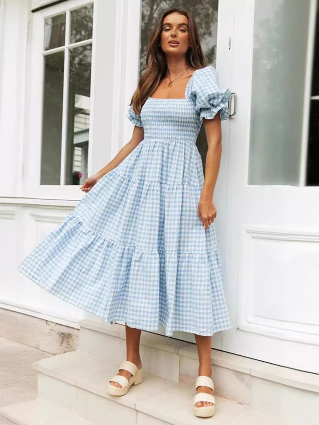 Buy KPOP Women Checked Square Neck Puff Sleeve Fit & Flare Midi