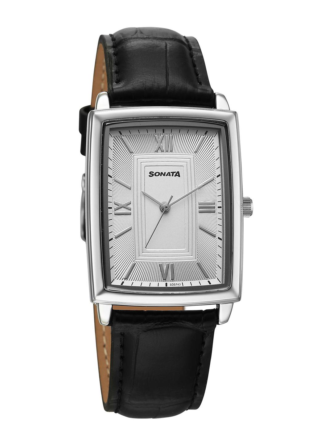Sonata Men Rectangular Dial Leather Strap Watch 77199SL01