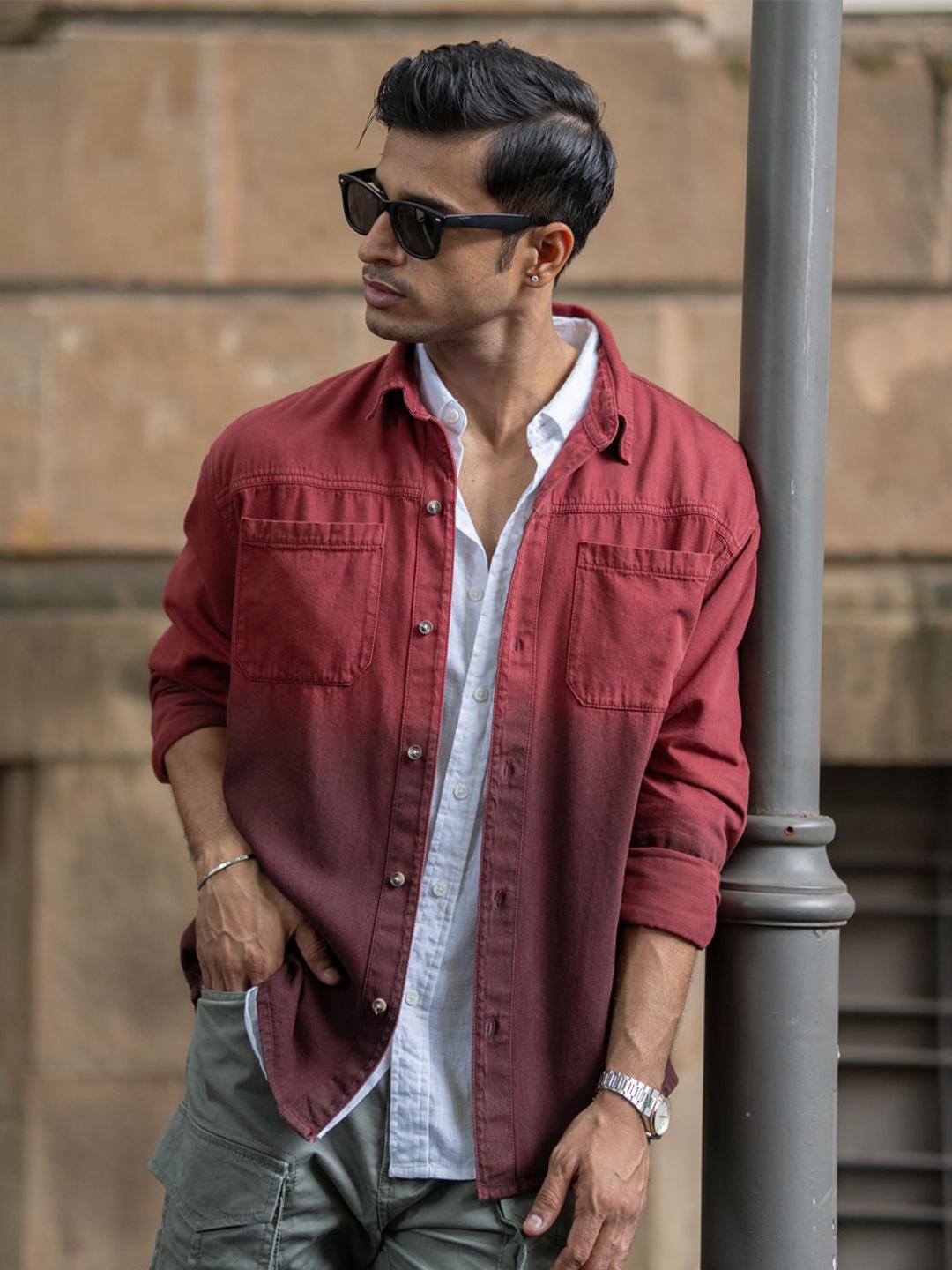 Powerlook Men Solid Spread Collar Cotton Brick Casual Shirt
