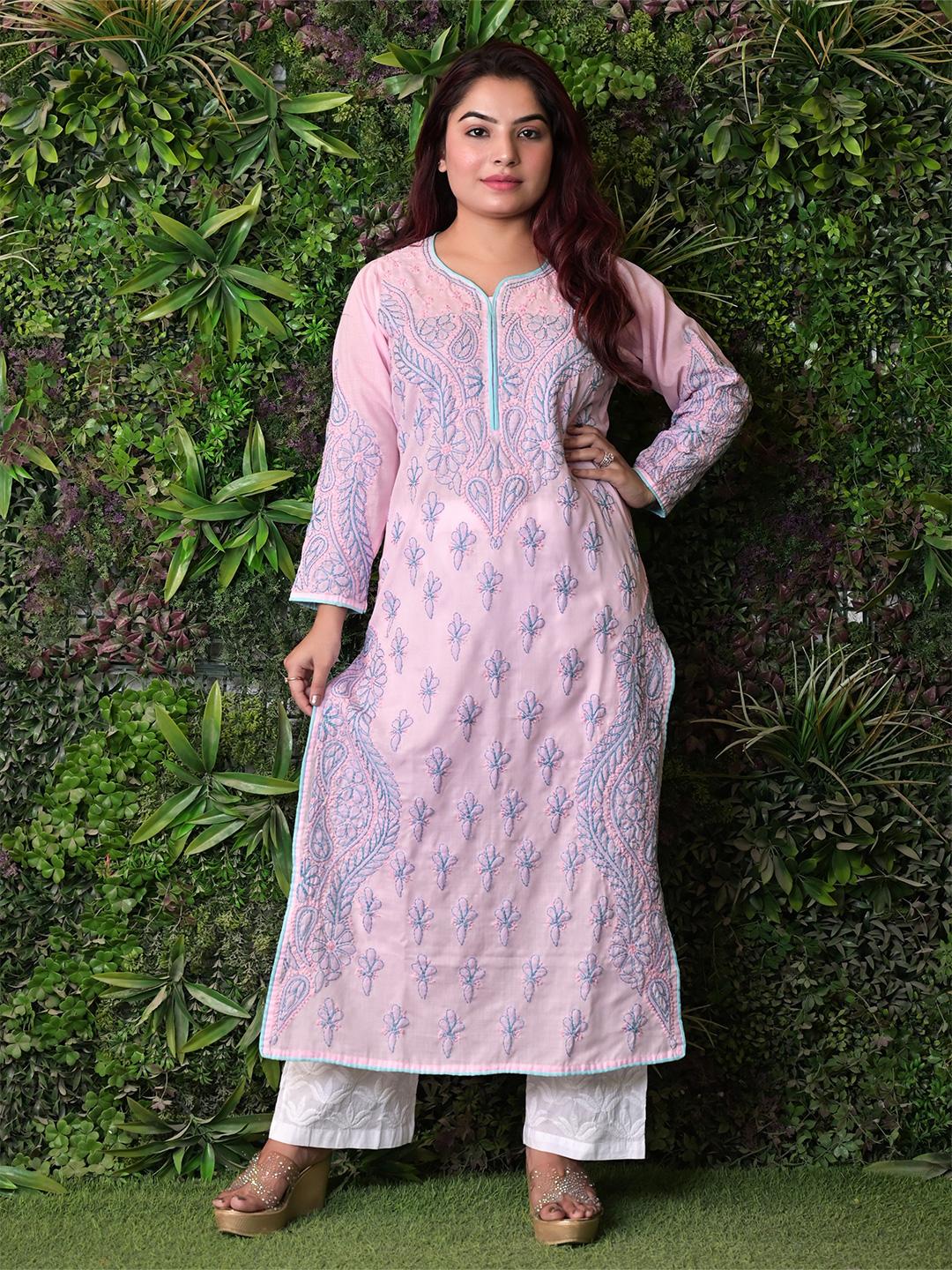 Buy CHIKIRPOLO Floral Embroidered Chikankari Pure Cotton Straight