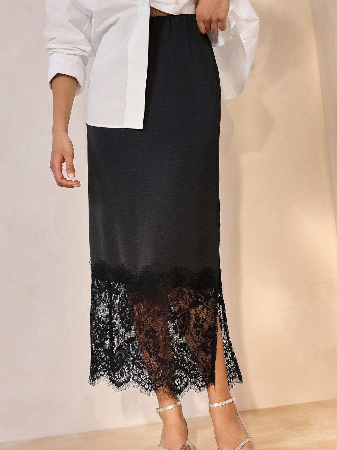 Buy NEXT Satin Finish Lace Inserts Midi Skirt with Side Slit