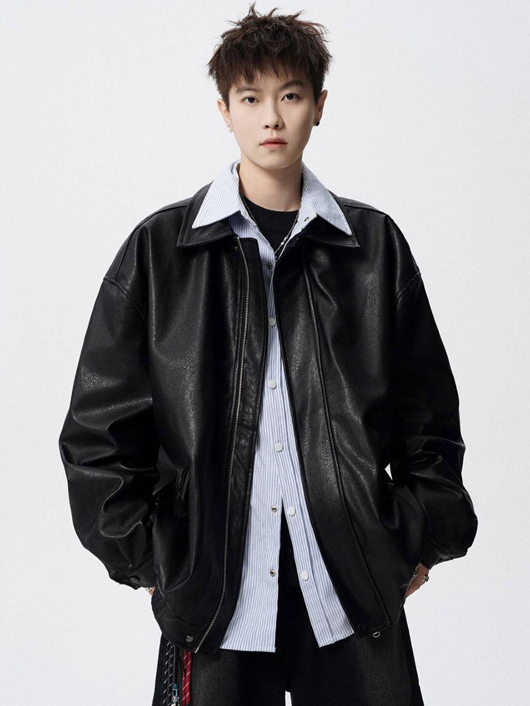 Buy StyleCast Men Spread Collar Long Sleeves Leather Jacket