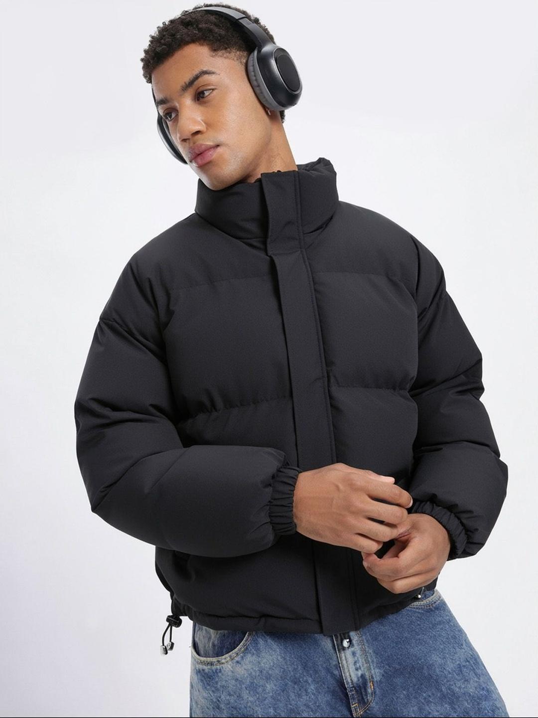 HERE&NOW Men Black Polyester Mock Collar Jacket