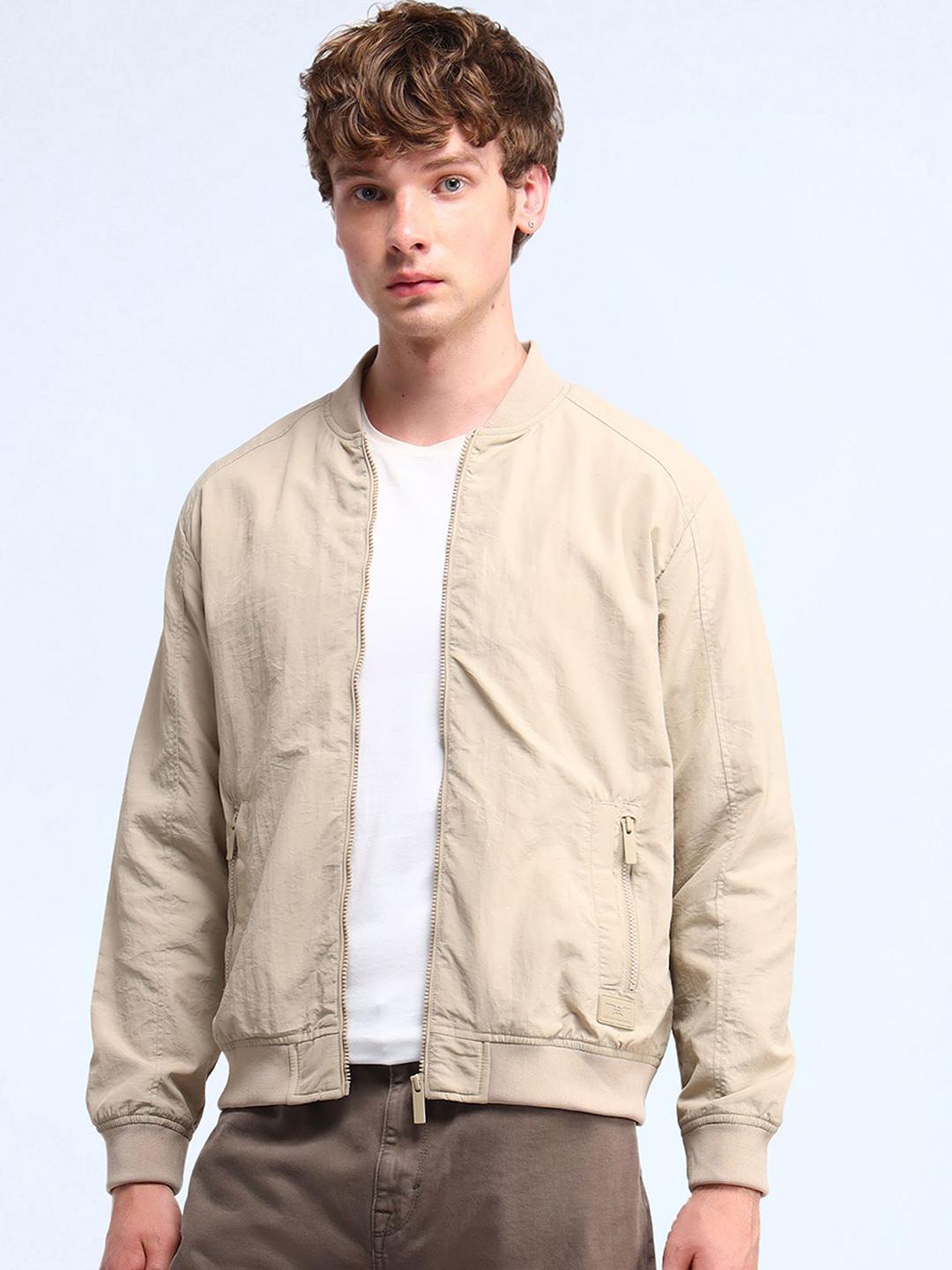 Flying Machine Men Stand Collar Solid Bomber Jacket - Image 1