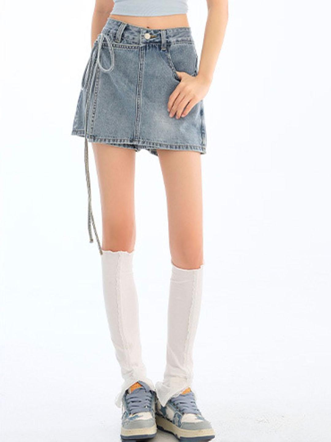 Buy LULU & SKY Women Tie Detail Denim A-Line Skort Skirt