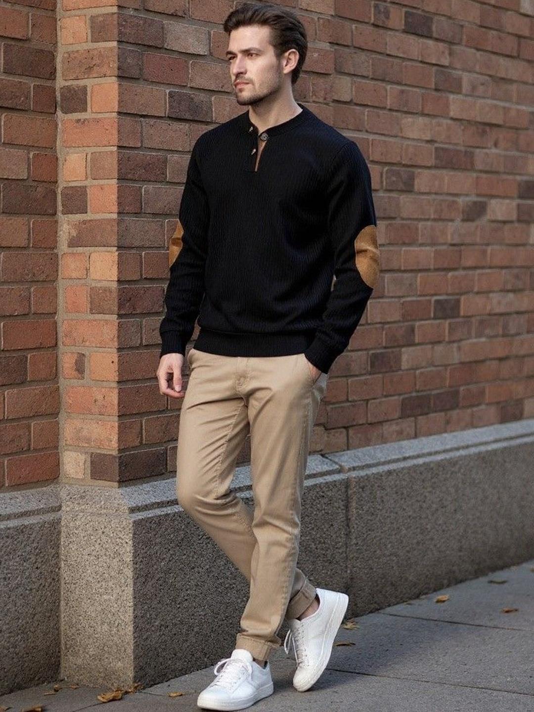 HERE&NOW Men Black High Neck Striped Sweatshirt - Image 1