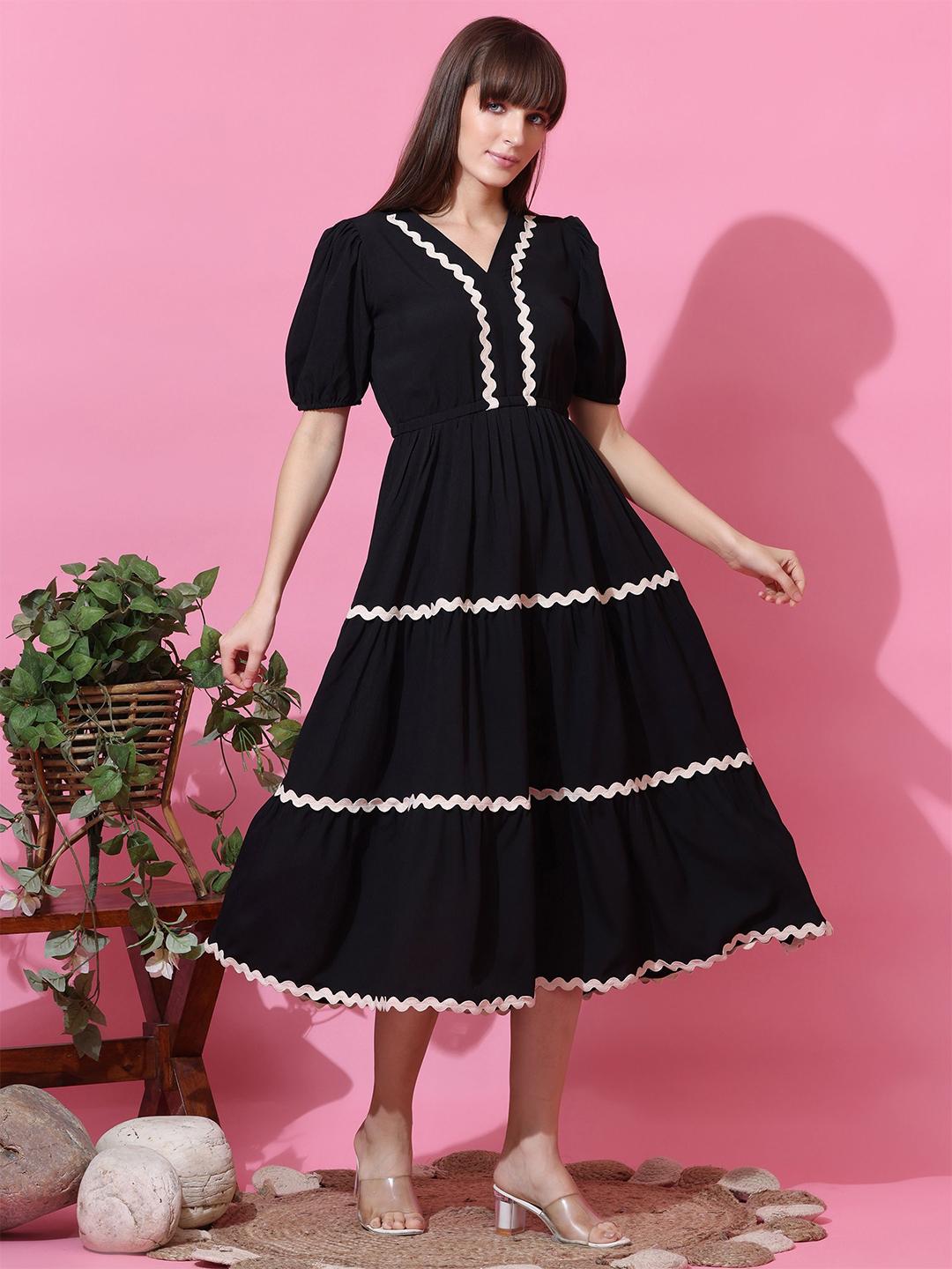 Buy Honky Tonky Puff Sleevees Ruffled Fit & Flare Midi Dress