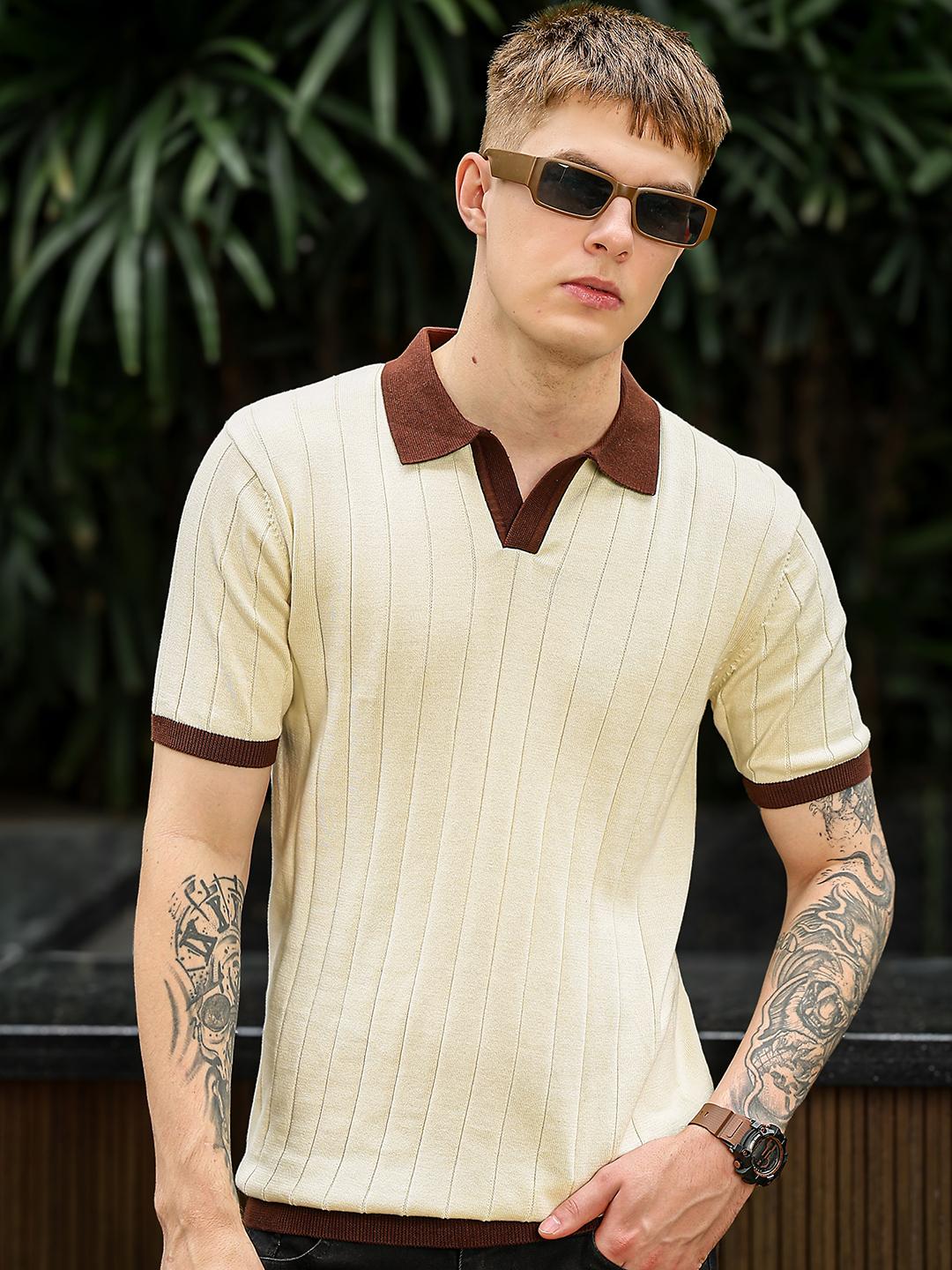 Maniac Men Striped Polo Collar Cotton T-shirt - Image 1