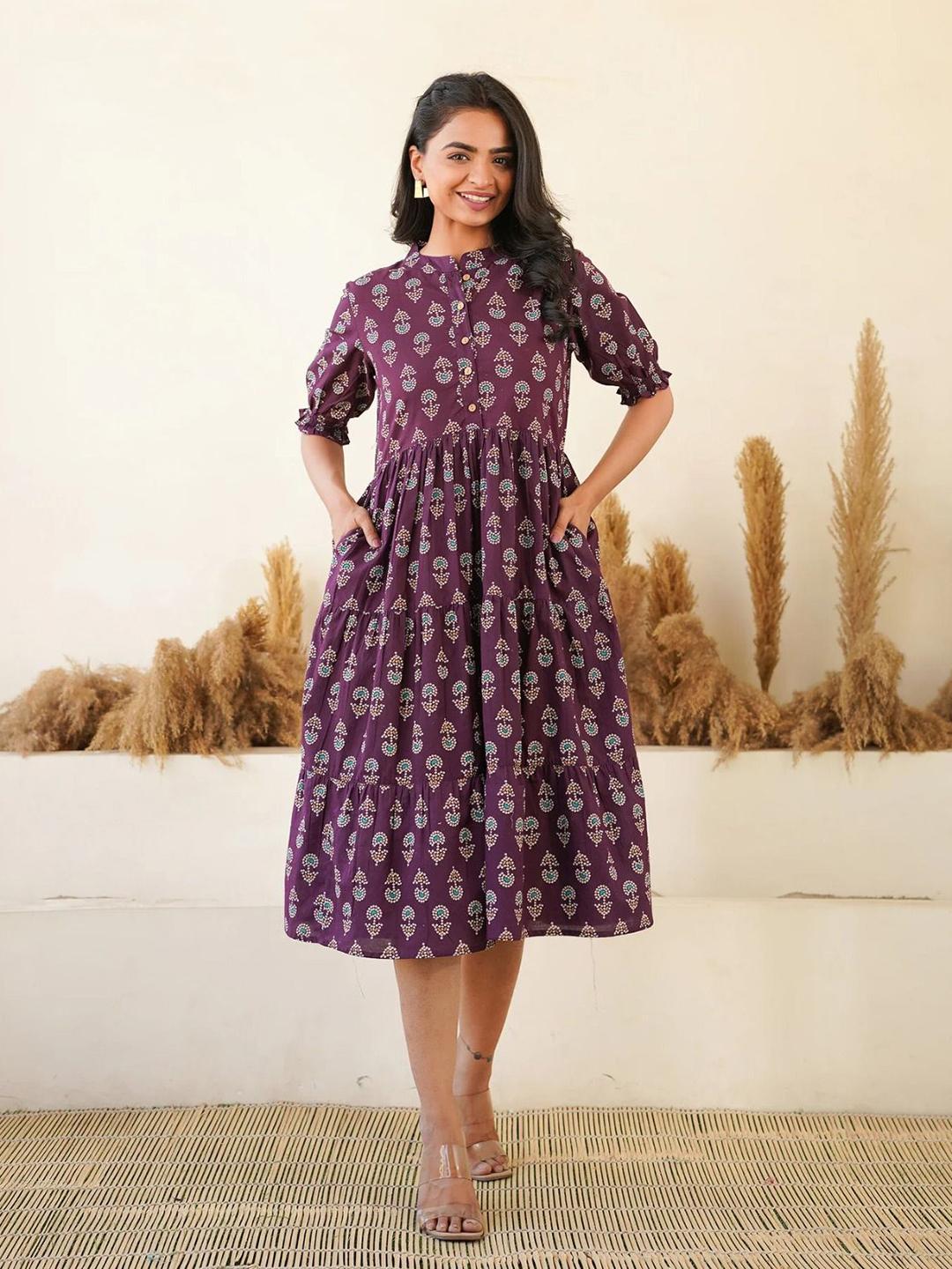 Buy JAIMITI Ethnic Motifs Puff Sleeve Gathered or Pleated Knee