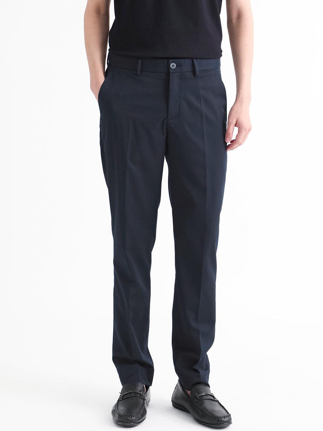 RARE RABBIT Men Navy Regular Fit Plain Trouser Blue