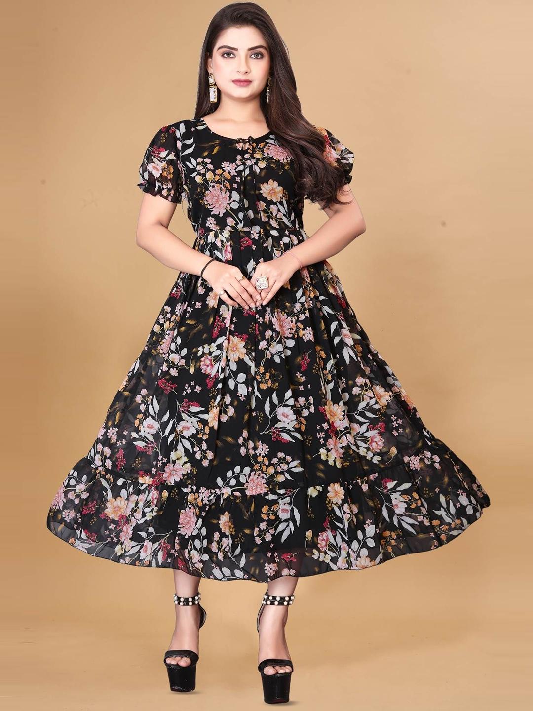 Buy QENA Floral Printed Tie-Up Neck Puff Sleeve Georgette Fit
