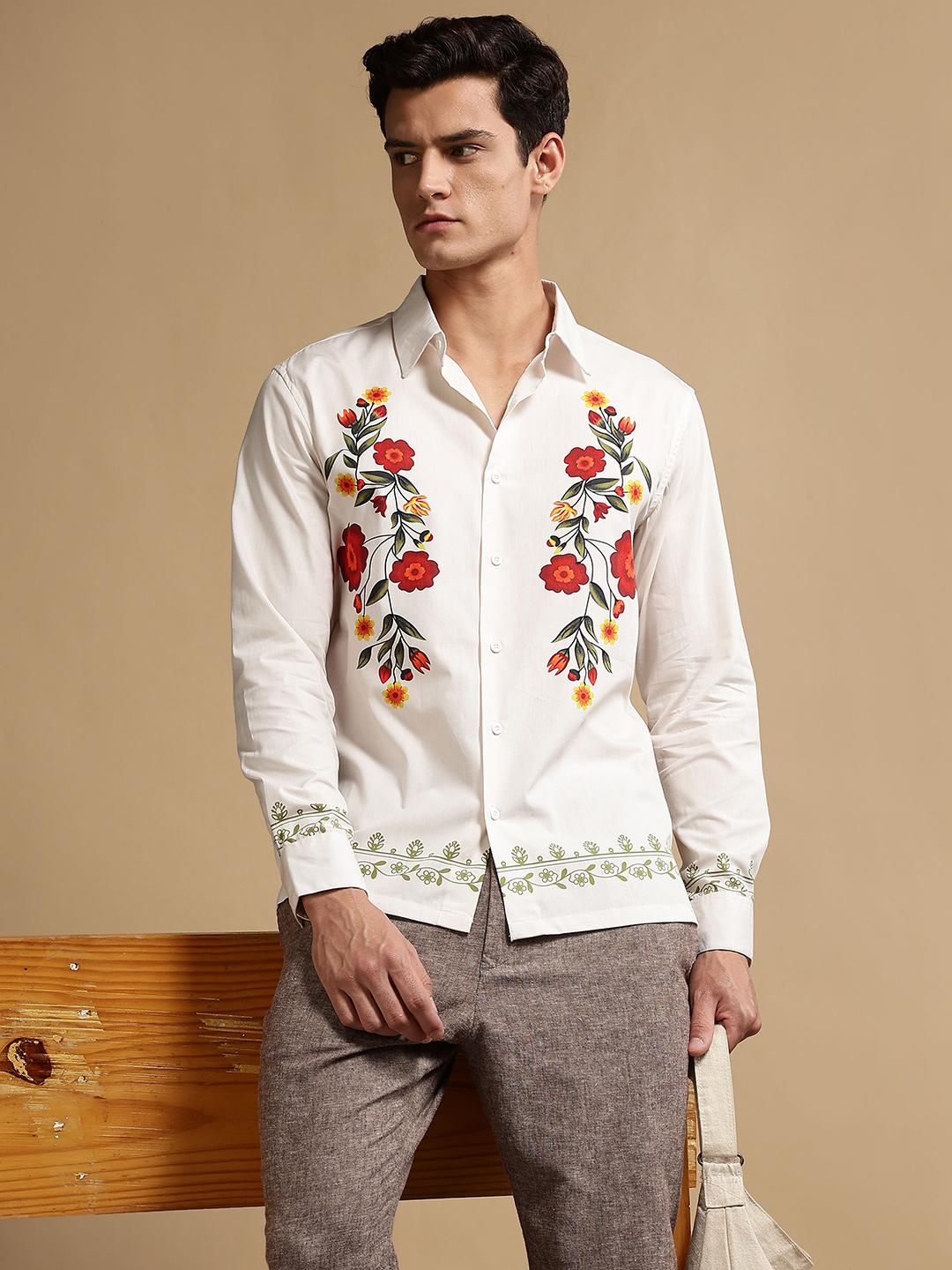 Eszett Men Floral Printed Spread Collar Cotton Shirt - Image 1