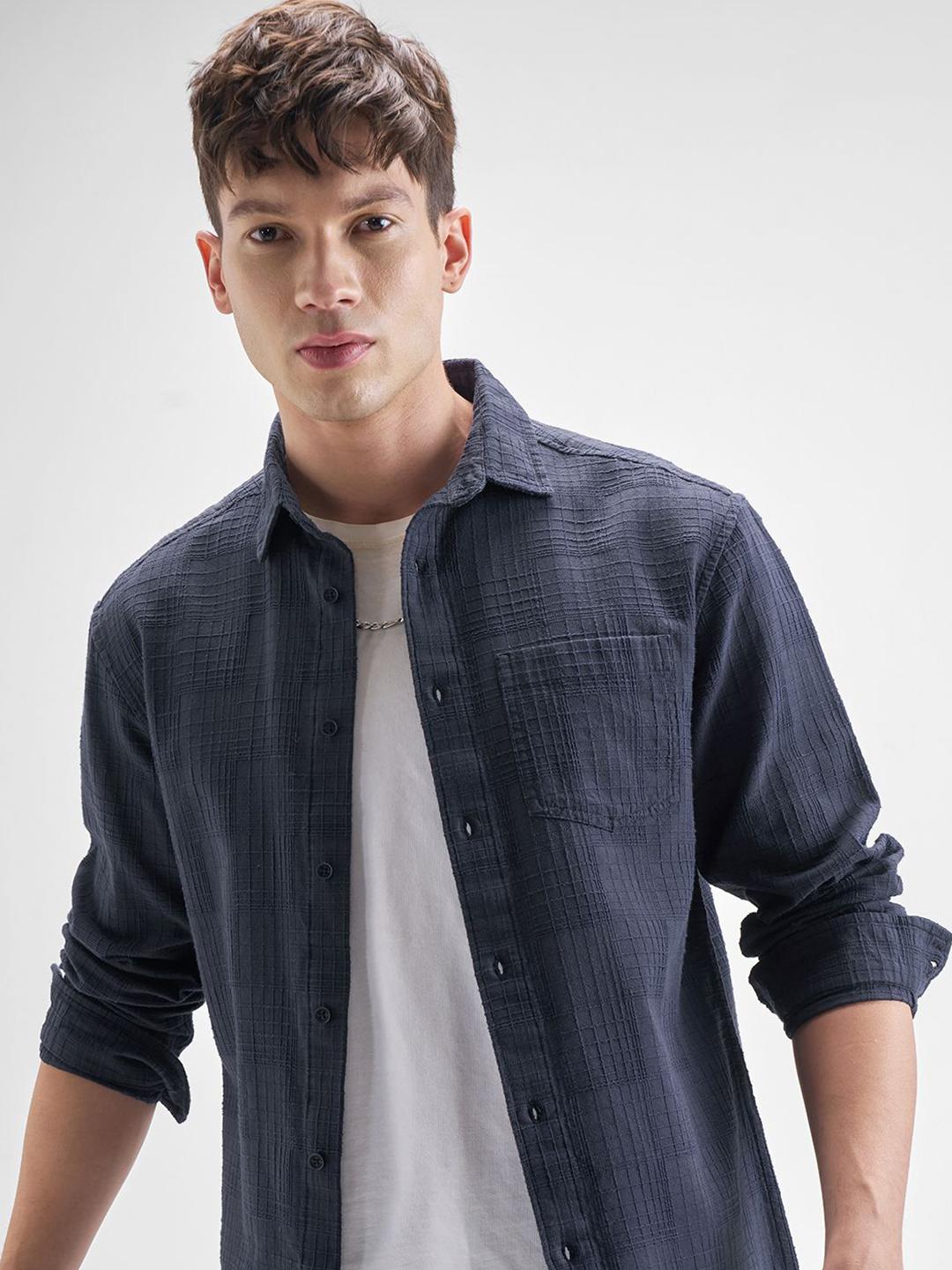 HIGHLANDER Textured Spread Collar Cotton Shirt - Image 1