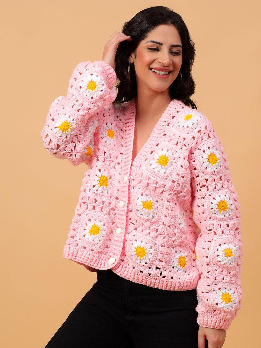 Buy Velvery Pink Daisy Floral Crochet V-Neck Cardigan - Sweaters