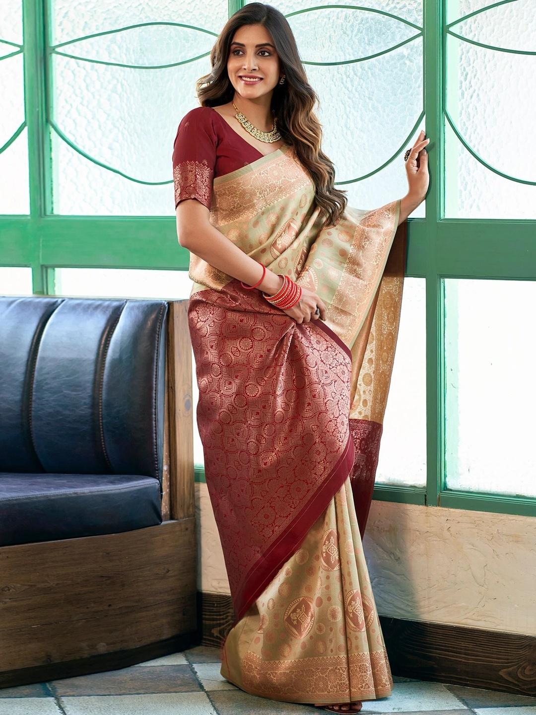 PRIMENIKS Woven Design Zari Kanjeevaram Saree With Blouse Piece - Image 1