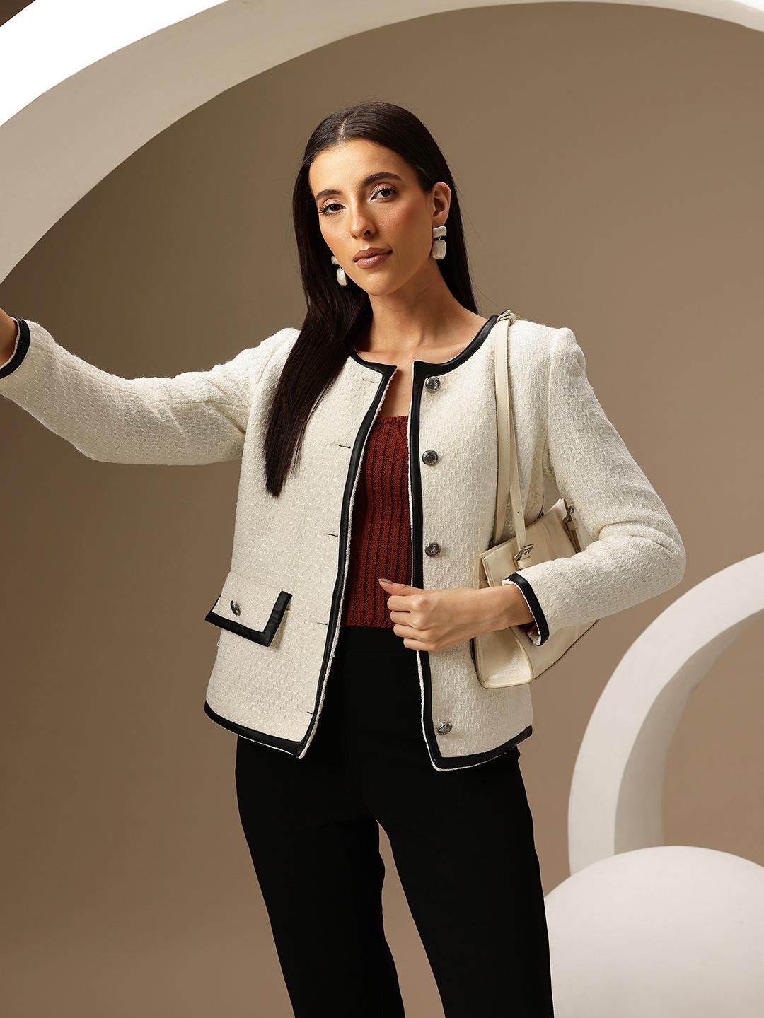 Buy Chemistry Collarless Single-Breasted Tweed Coat - Coats for