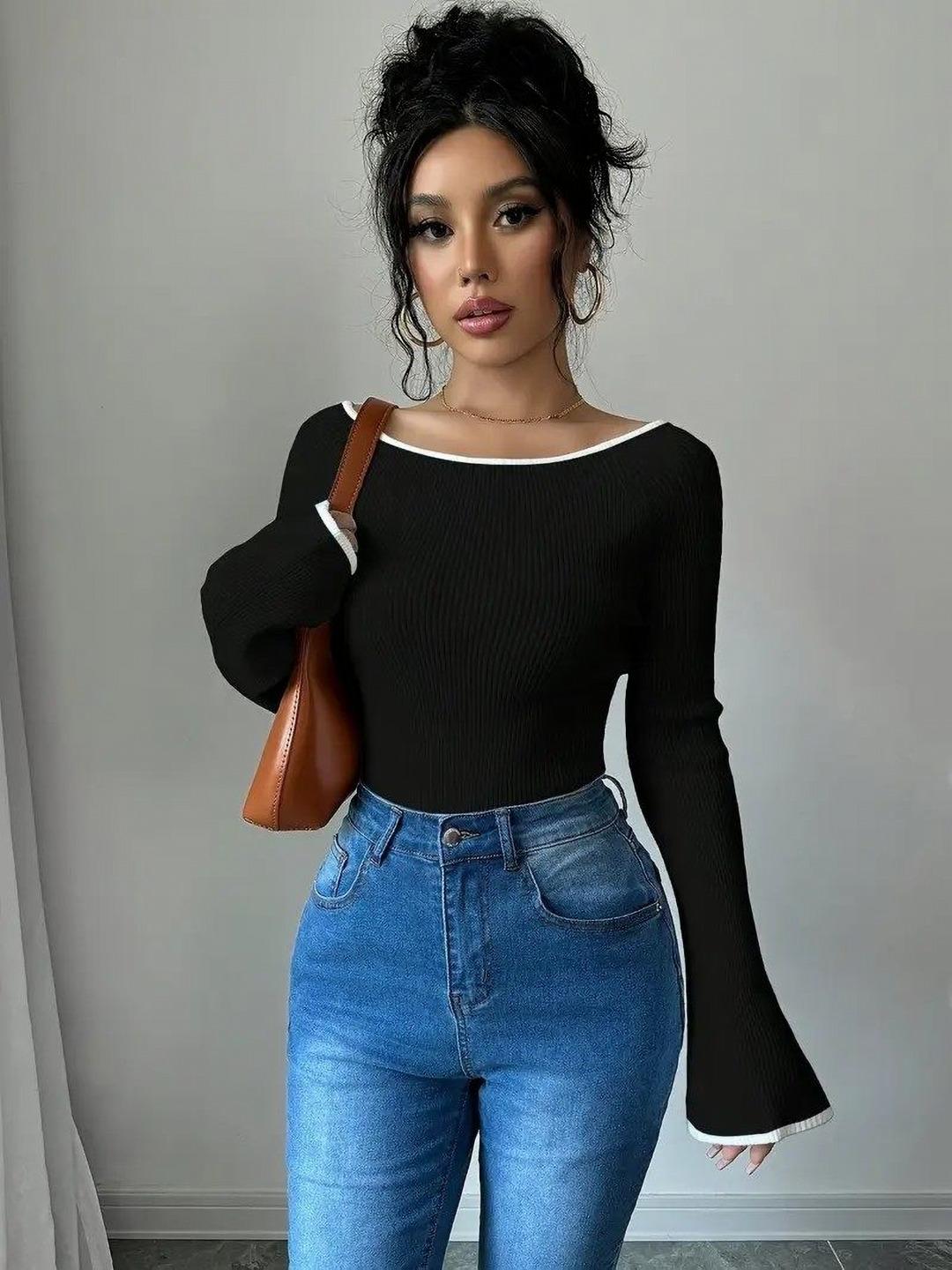 Buy TRAQUILA Ribbed Flared Sleeves Boat Neck Top - Tops for Women