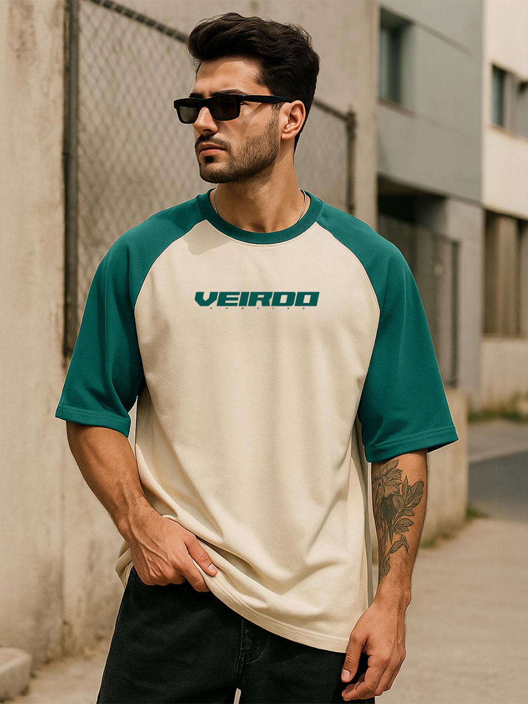 VEIRDO Men Typography Printed Raglan Sleeves Oversized Cotton T-shirt