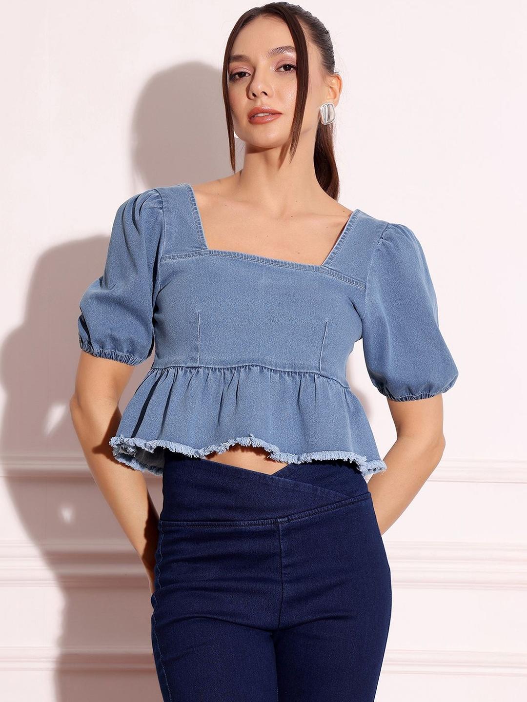 Buy Miss Chase Women's Light Blue Square-Neck Puff-Sleeve Peplum