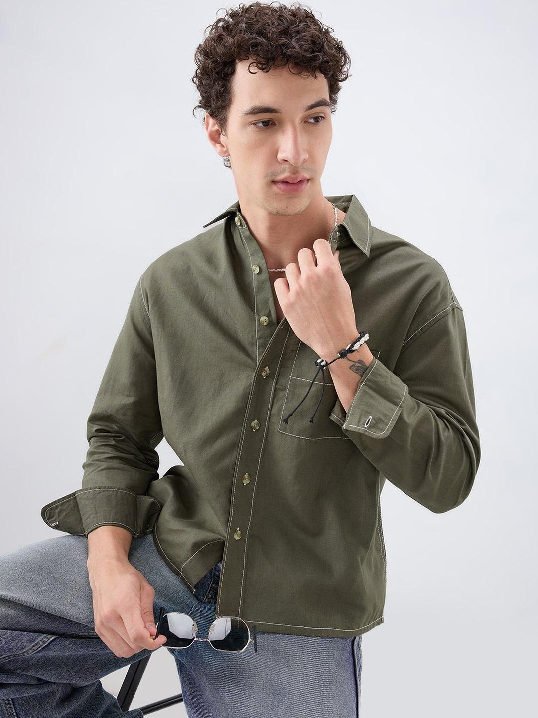 VASTRADO Timeless Olive Linen Blend Boxy Crop Shirt