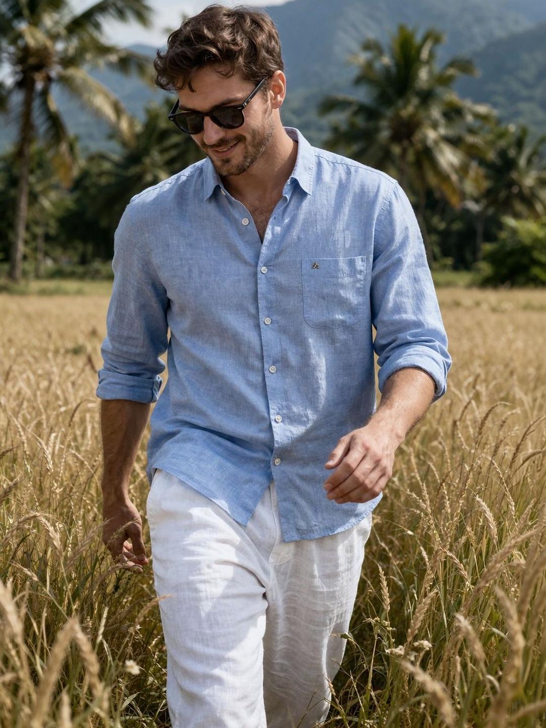 XKIND Men Chambray Linen Solid Shirt - Image 1
