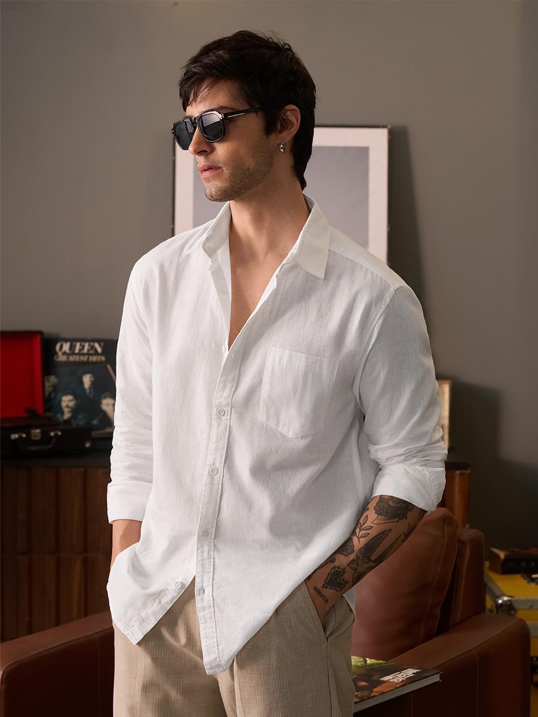 The Souled Store Men Regular Fit Solid White Cotton Linen Shirt