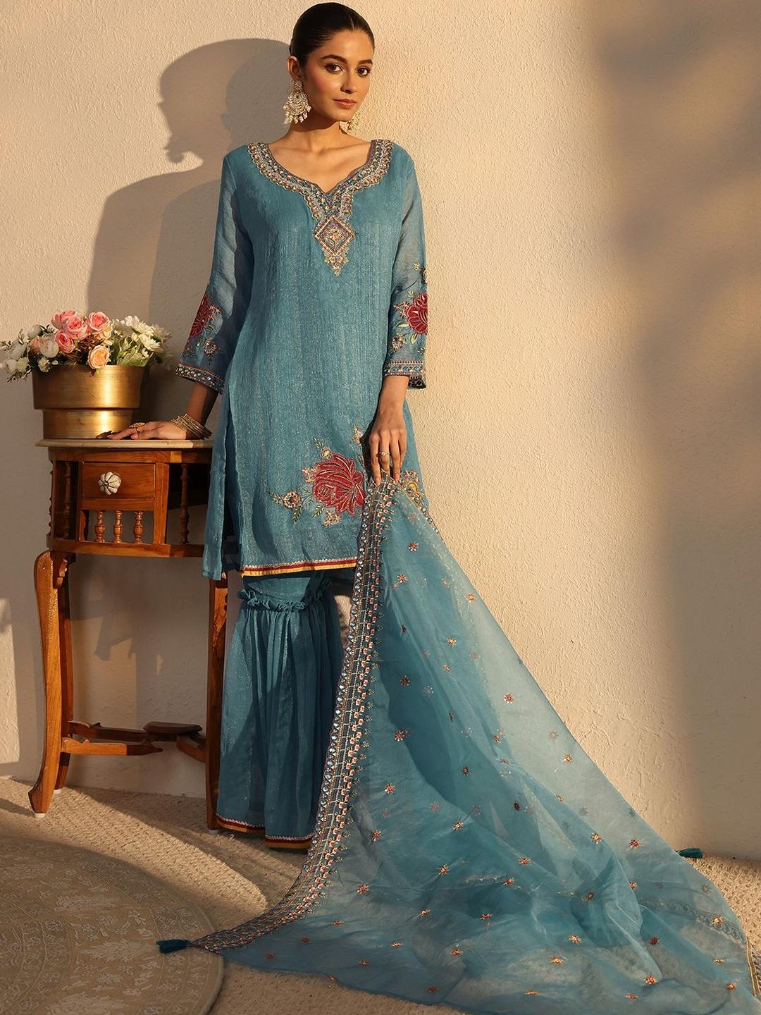 Libas Women Embroidered Regular Silk Chiffon Kurta with Sharara & - Image 1