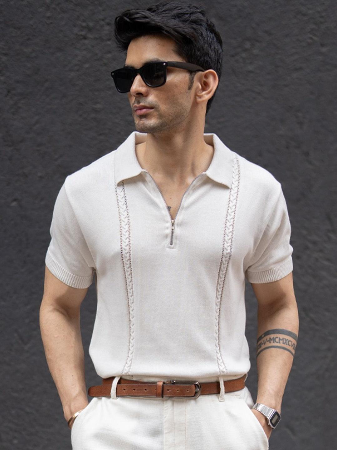 Powerlook Polo Collar Monochrome Raw Edge Cotton T-shirt