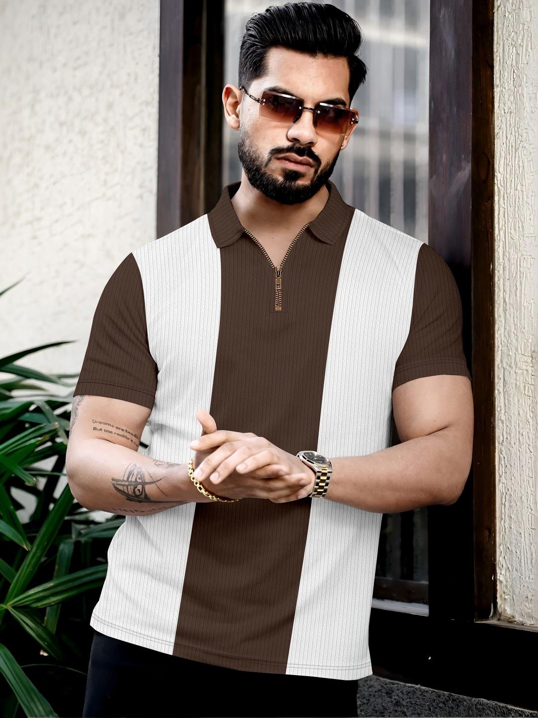MODALEN Men Colourblocked Polo Collar Pockets T-shirt - Image 1