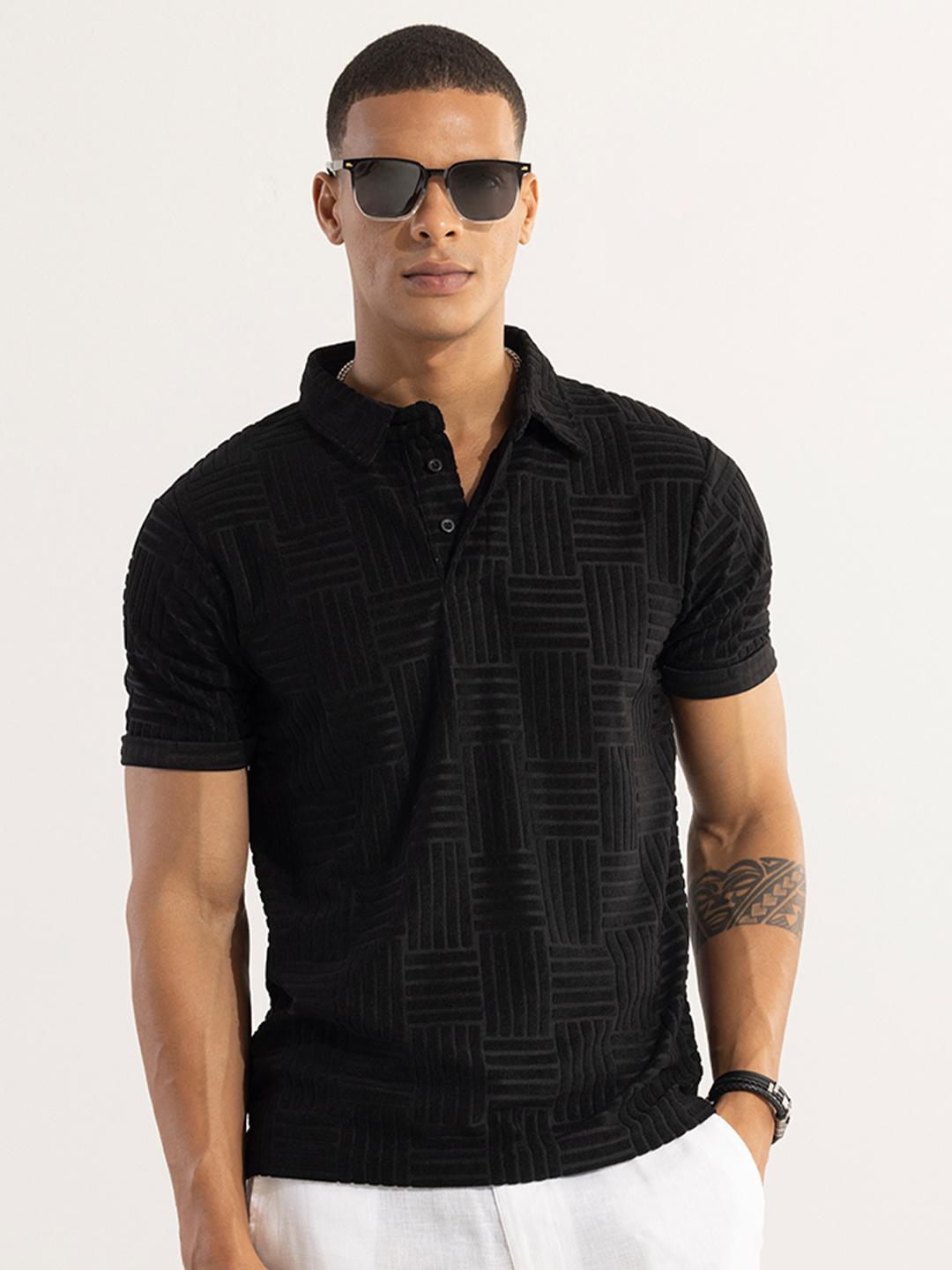 Snitch Black Slim Fit Polo Collar T-Shirt - Image 1