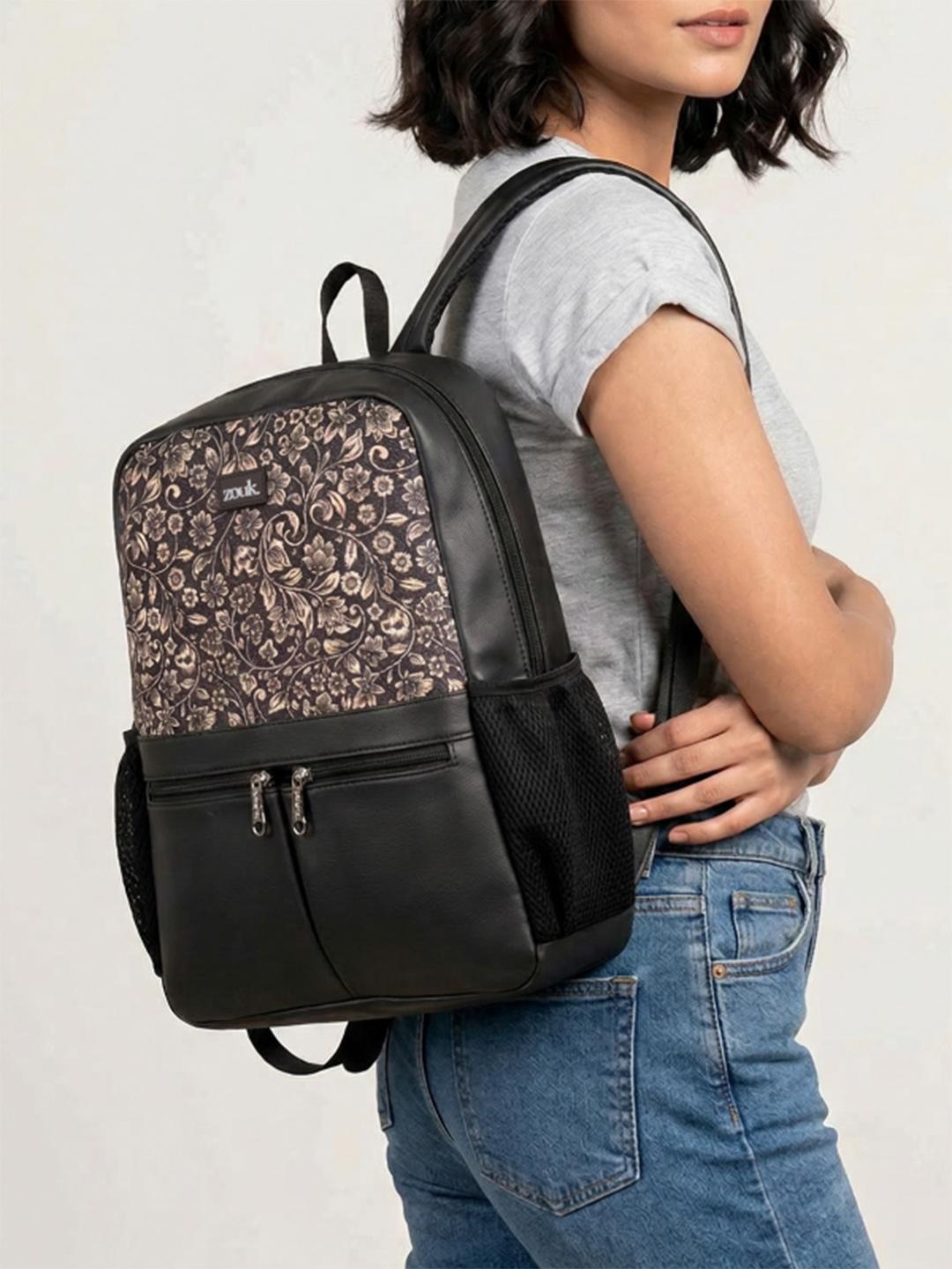 ZOUK Women Black Floral Vegan Leather Backpack 16 inch
