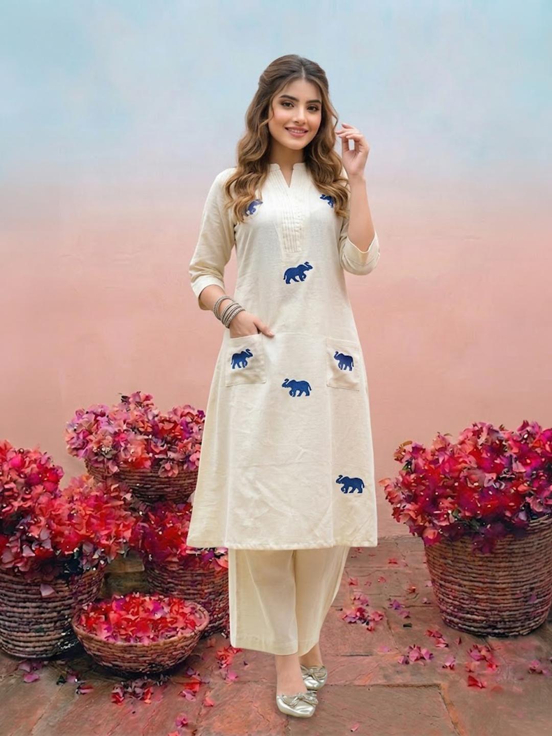 NAVYAAZRI Women Animal Printed Regular Pure Cotton Kurta with Palazzos - Image 1