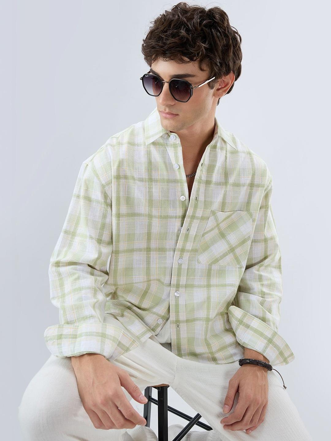 VASTRADO Premium Spring Green Fine Weave Boxy Fit Crop Shirt