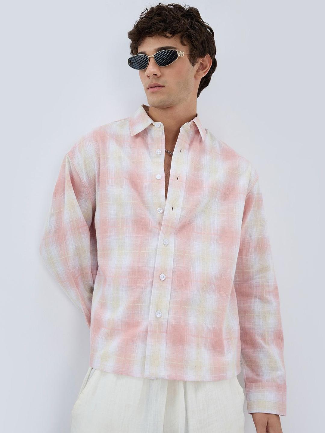 VASTRADO Peachy Pink Textured Checks Crop Shirt
