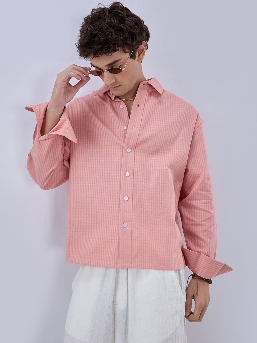 VASTRADO Men's Warm Peach Micro Checks Boxy Crop Shirt - Image 1