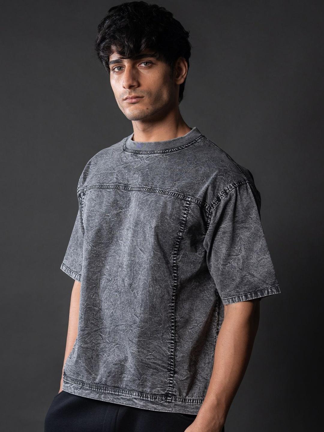 Powerlook Washed Panelled Abstract Cotton T-Shirt - Image 1